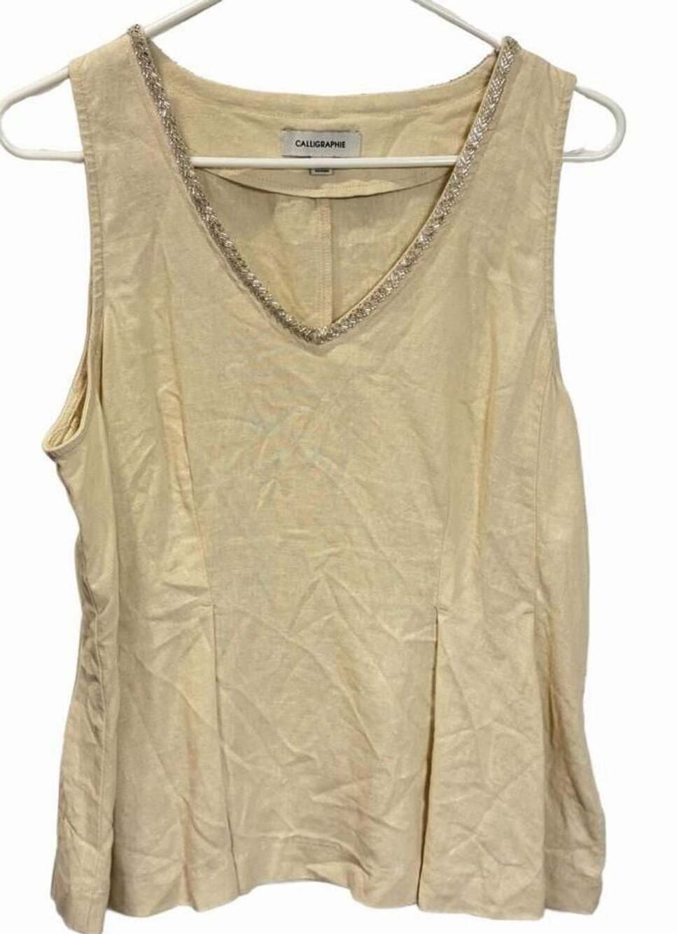 Calligraphie Ivory Beaded V-Neck Sleeveless Linen Blouse Coastal Top Size L